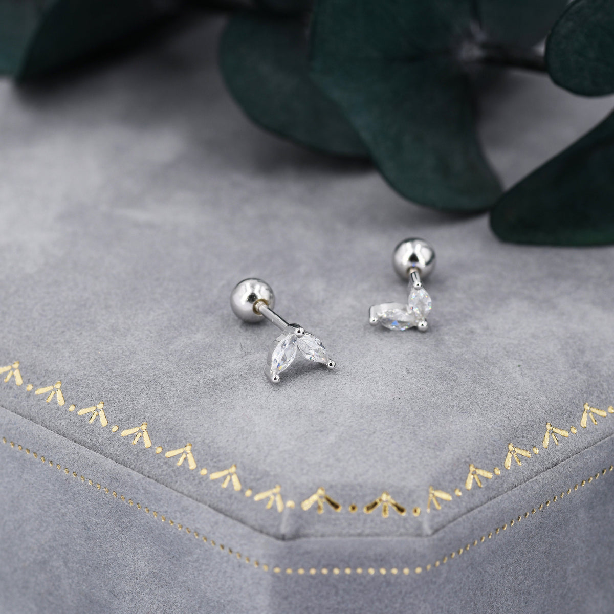 Sterling Silver CZ Marquise Leaf Screwback Earrings, Gold or Silver, Marquise Fan Screw back Earrings, Two Marquise Barbell Earrings