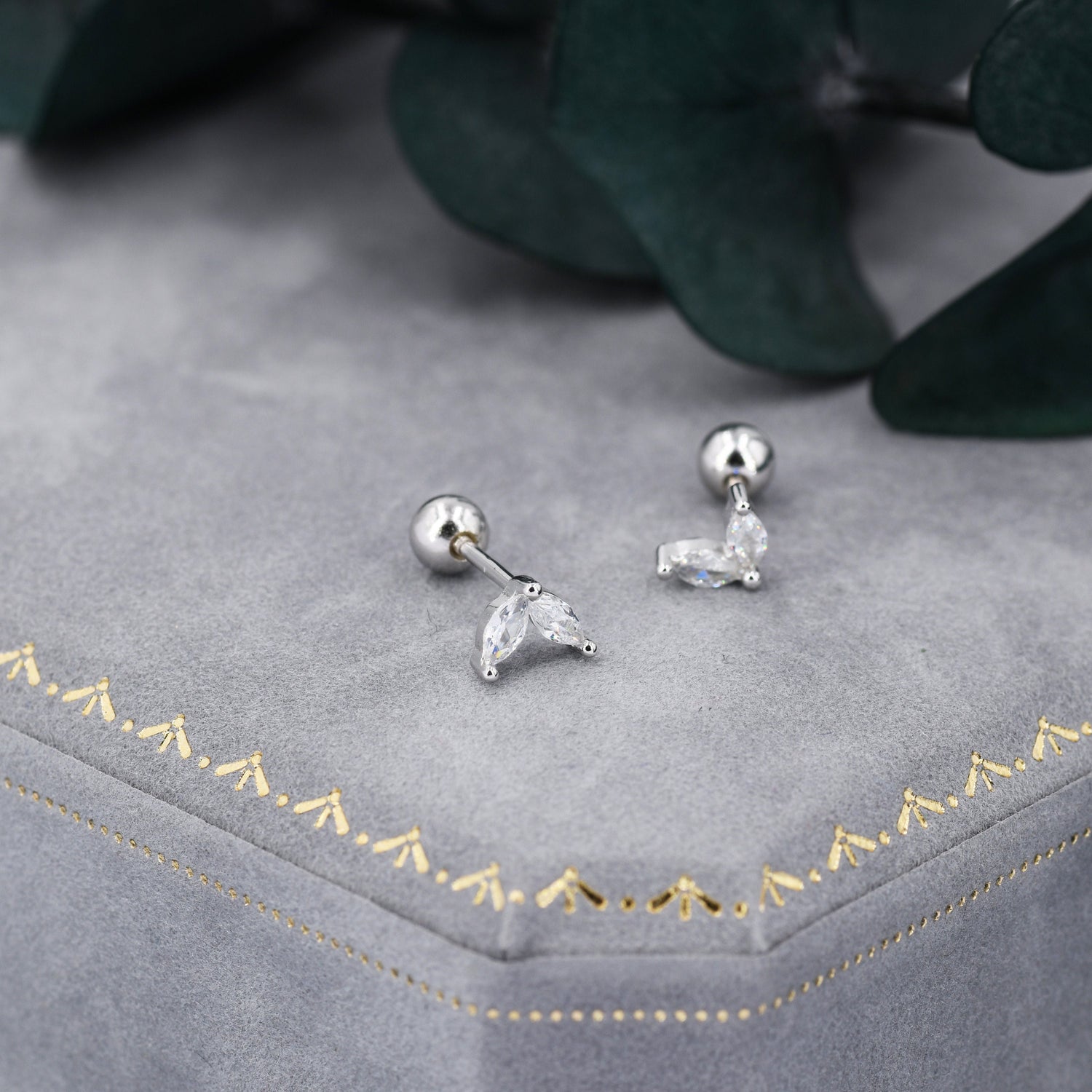 Sterling Silver CZ Marquise Leaf Screwback Earrings, Gold or Silver, Marquise Fan Screw back Earrings, Two Marquise Barbell Earrings