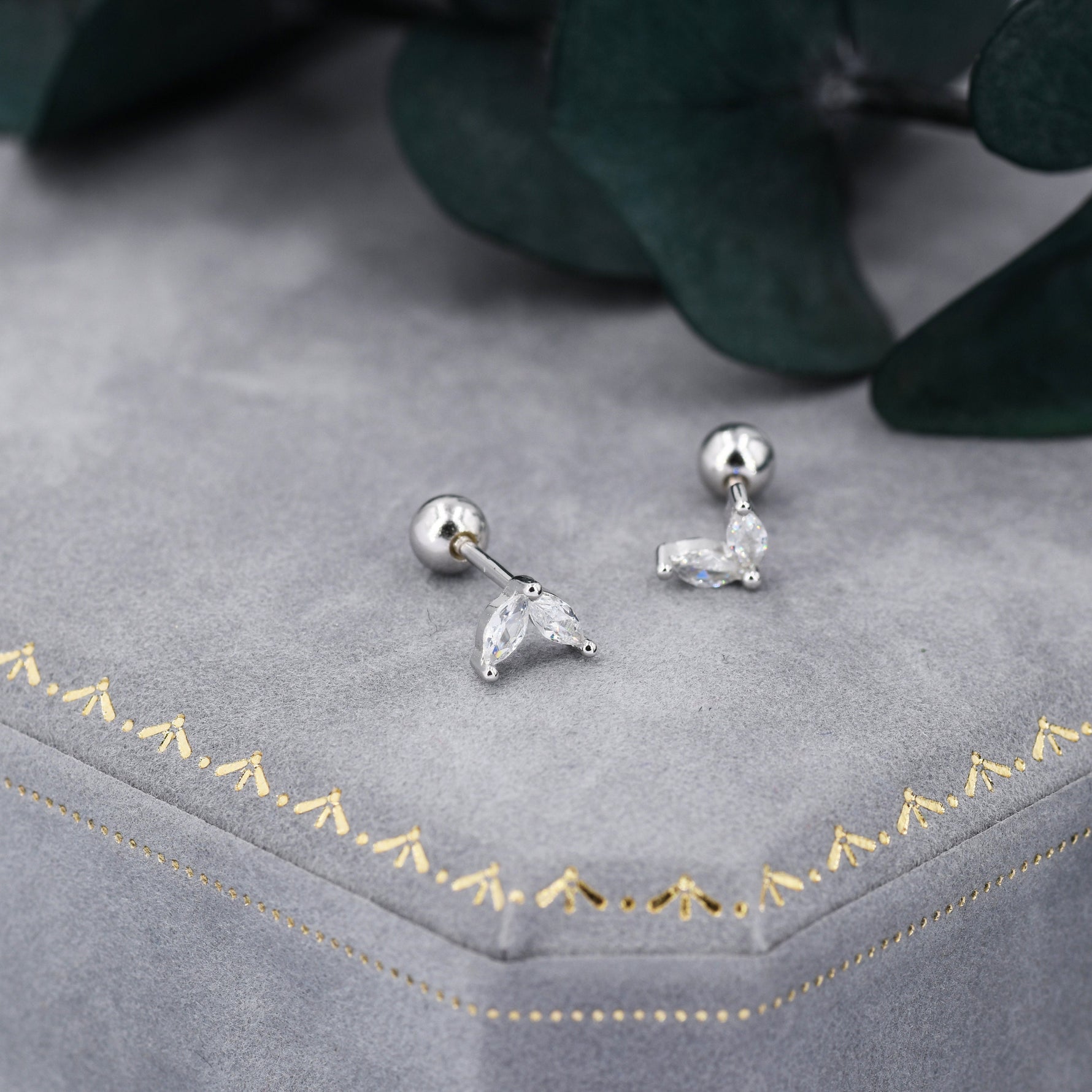Sterling Silver CZ Marquise Leaf Screwback Earrings, Gold or Silver, Marquise Fan Screw back Earrings, Two Marquise Barbell Earrings