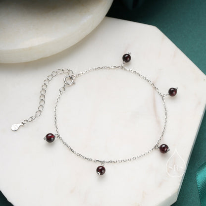 Natural Garnet Bracelet in Sterling Silver, Dark Garnet Beaded Bracelet, Silver Garnet Bracelet