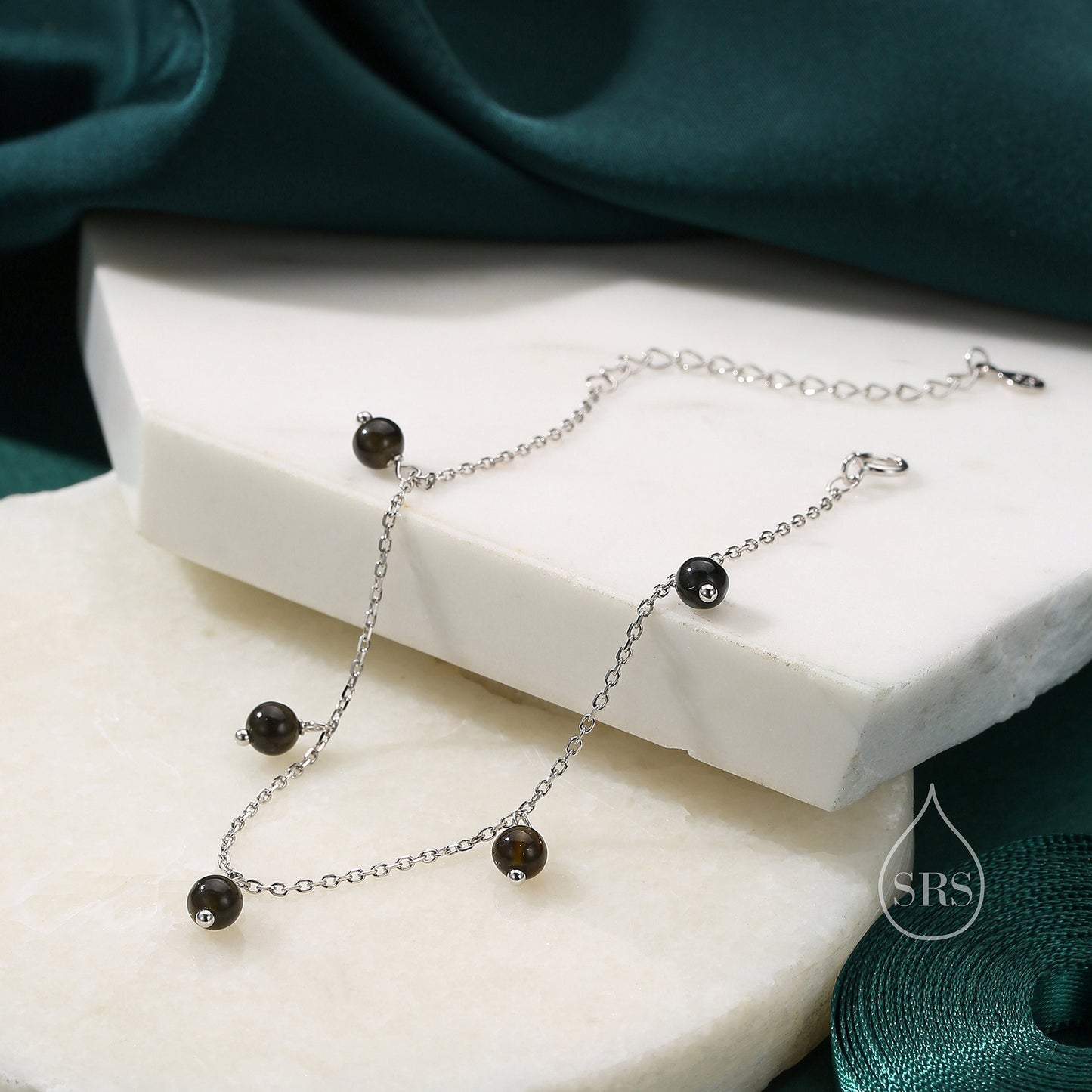 Natural Gold Obsidian Bracelet in Sterling Silver, Dark Obsidian Beaded Bracelet, Silver Obsidian Bracelet