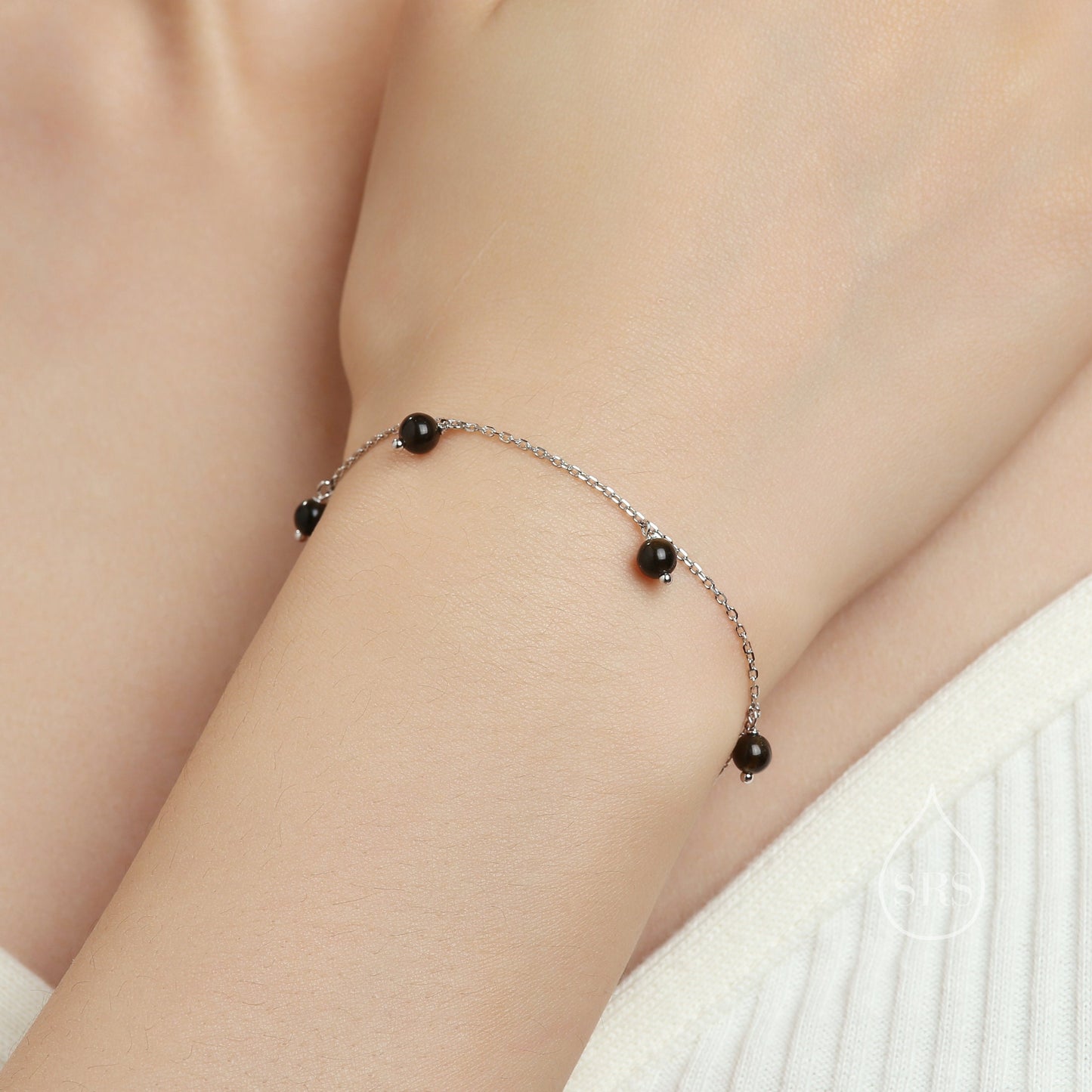 Blue Sandstone Bracelet in Sterling Silver, Dark Blue Sandstone Beaded Bracelet, Silver Blue Sandstone Bracelet