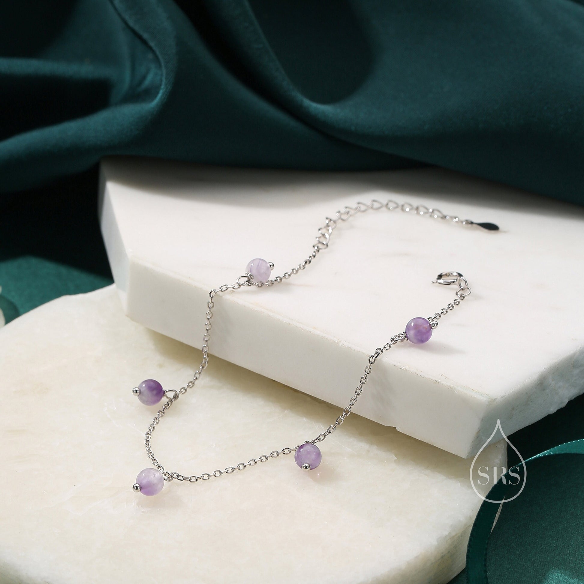 Natural Lilac Amethyst Bracelet in Sterling Silver, Dark Amethyst Beaded Bracelet, Silver Amethyst Bracelet