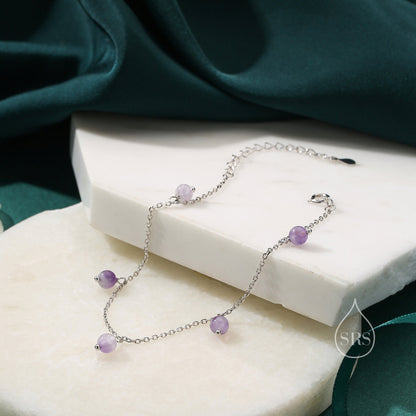 Natural Lilac Amethyst Bracelet in Sterling Silver, Dark Amethyst Beaded Bracelet, Silver Amethyst Bracelet