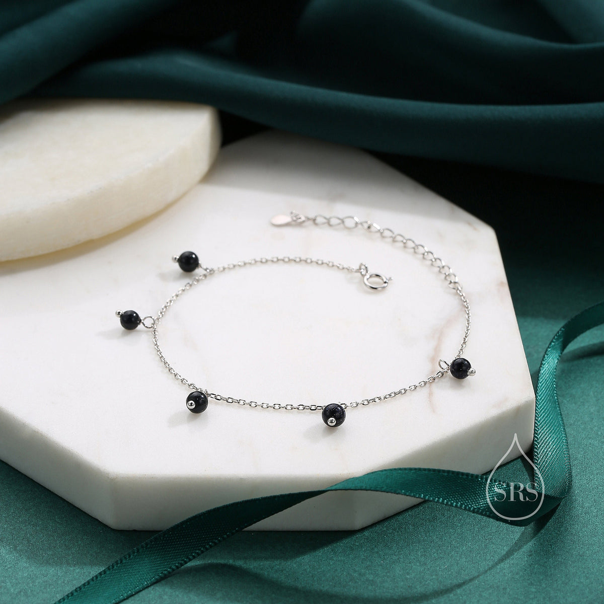 Blue Sandstone Bracelet in Sterling Silver, Dark Blue Sandstone Beaded Bracelet, Silver Blue Sandstone Bracelet