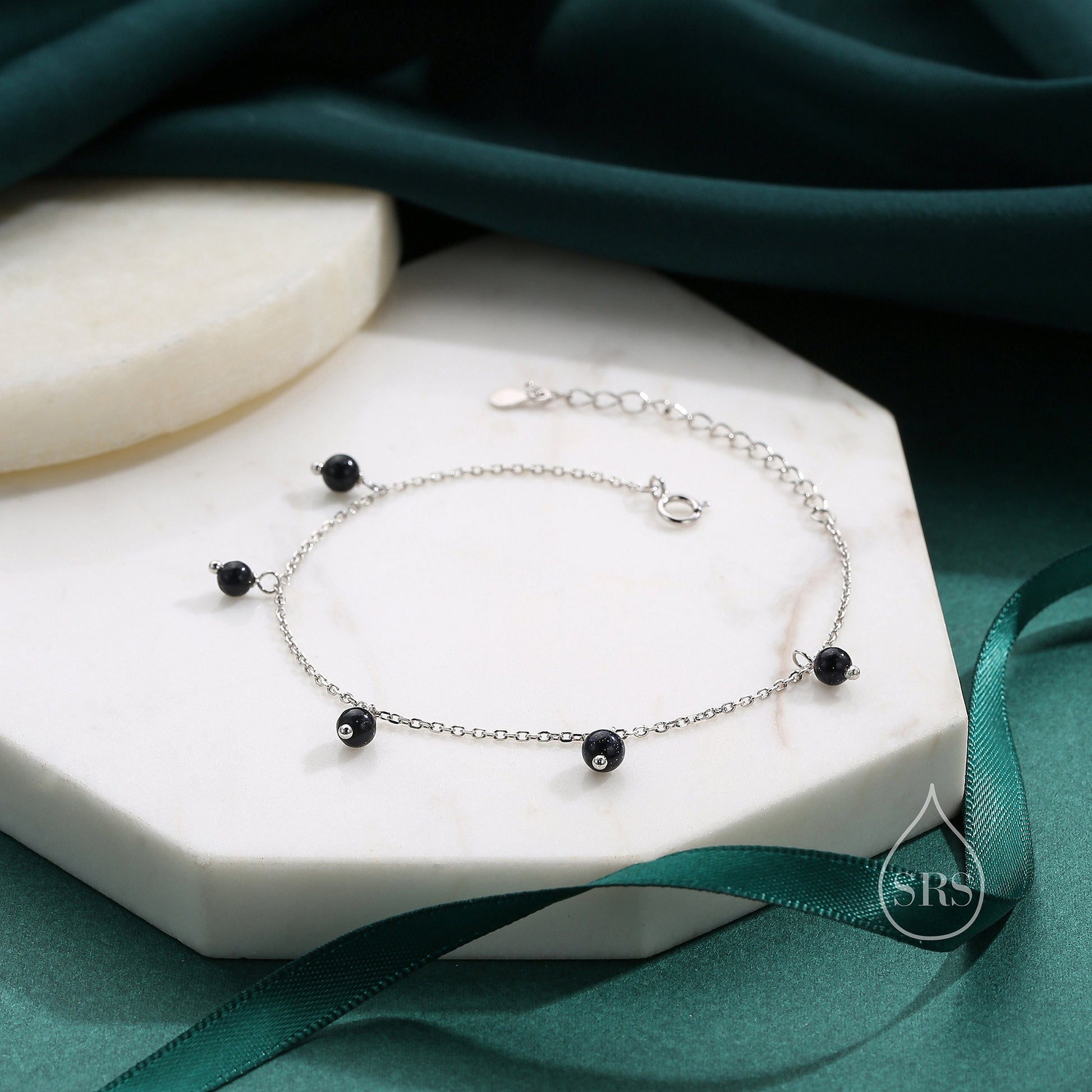 Blue Sandstone Bracelet in Sterling Silver, Dark Blue Sandstone Beaded Bracelet, Silver Blue Sandstone Bracelet