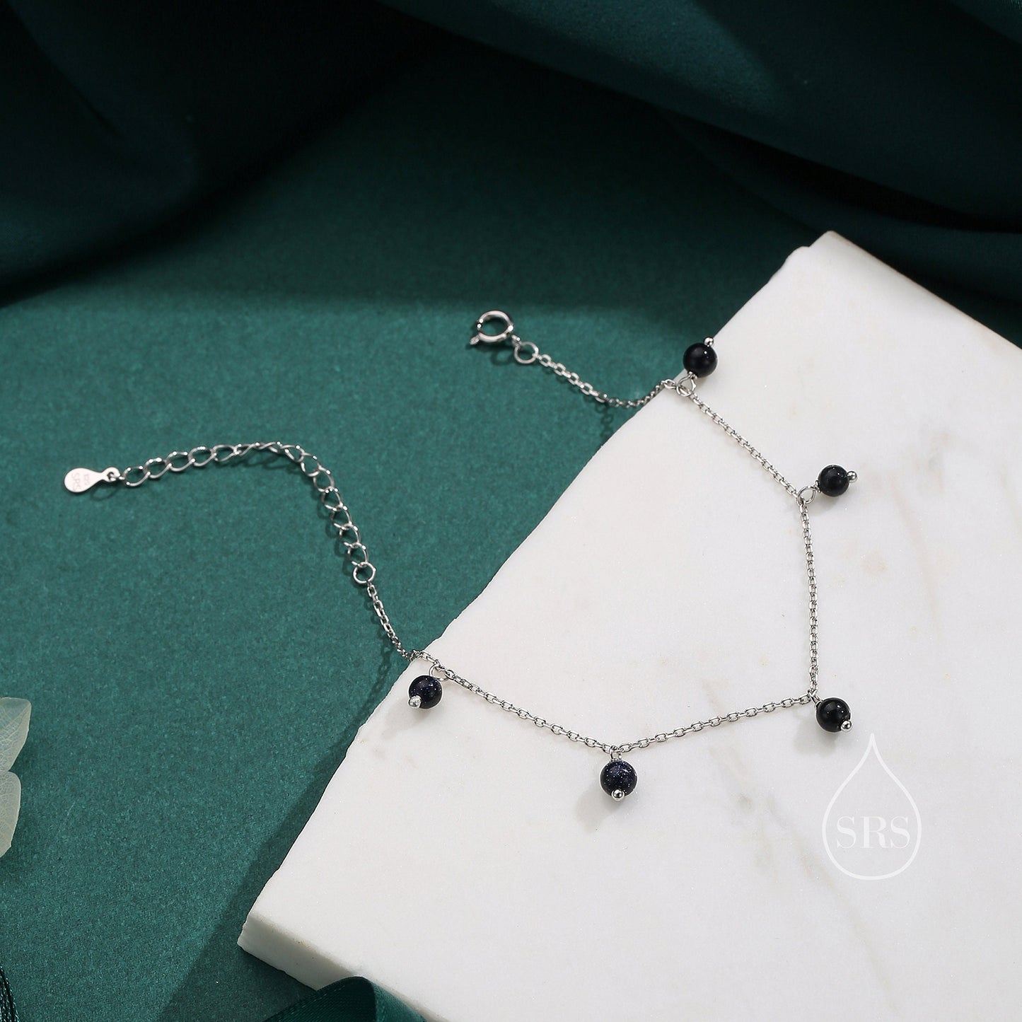 Blue Sandstone Bracelet in Sterling Silver, Dark Blue Sandstone Beaded Bracelet, Silver Blue Sandstone Bracelet