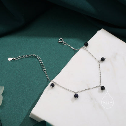 Blue Sandstone Bracelet in Sterling Silver, Dark Blue Sandstone Beaded Bracelet, Silver Blue Sandstone Bracelet