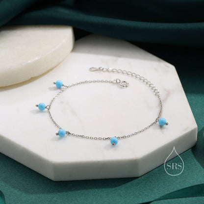 Blue Turquoise Bracelet in Sterling Silver, Blue Turquoise Beaded Bracelet, Silver Blue Turquoise Bracelet