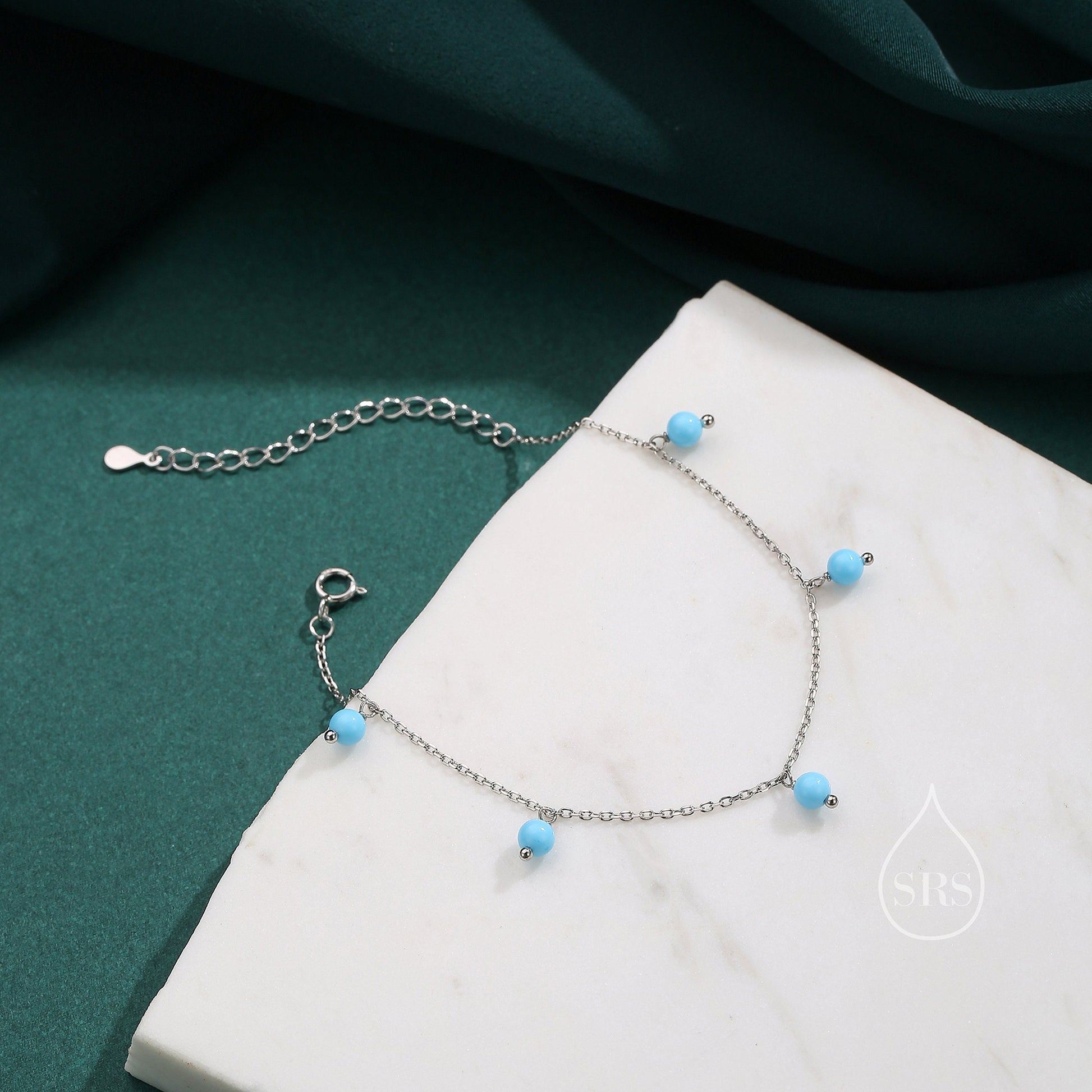 Blue Turquoise Bracelet in Sterling Silver, Blue Turquoise Beaded Bracelet, Silver Blue Turquoise Bracelet