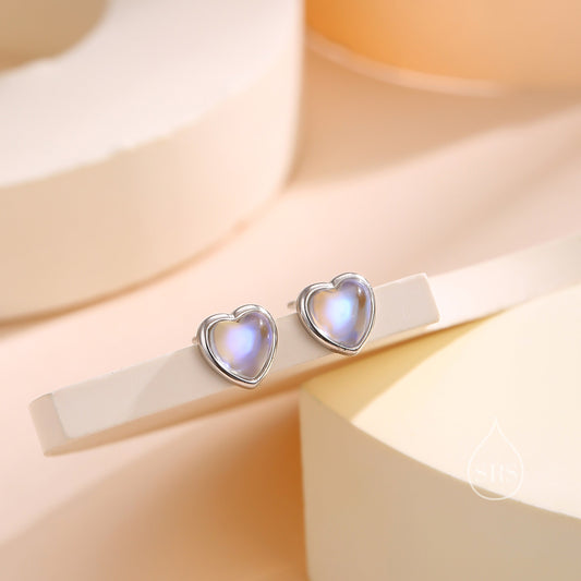 Moonstone Heart Stud Earrings in Sterling Silver, Silver or Gold, Delicate Heart Earrings, Moonstone Heart Earrings