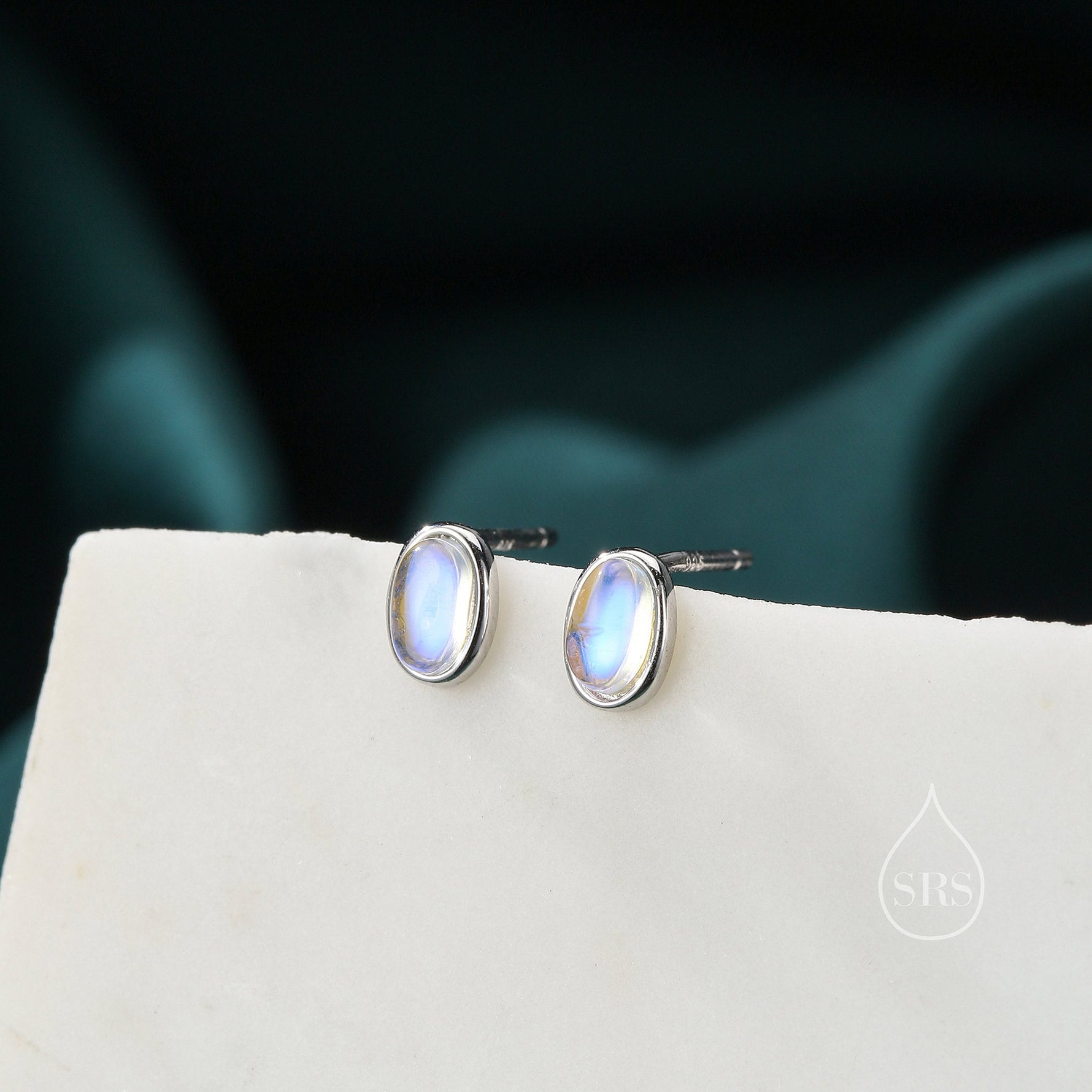 Sterling Silver Oval Moonstone Stud Earrings, Lab Moonstone Earrings, Minimalist Moonstone Earrings