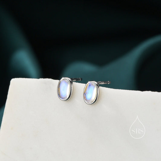 Sterling Silver Oval Moonstone Stud Earrings, Lab Moonstone Earrings, Minimalist Moonstone Earrings