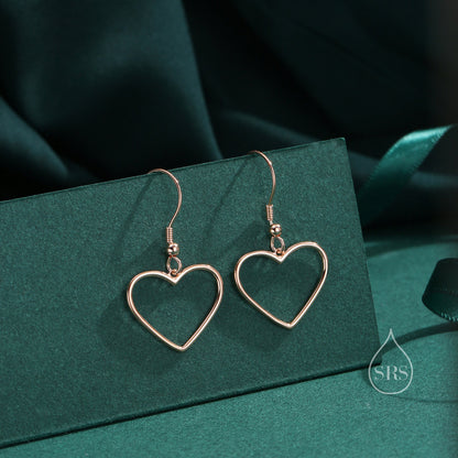 Heart Dangle Drop Hook Earrings in Sterling Silver, Silver or Gold or Rose Gold, Skinny Heart Earrings, Cut Out Heart Earrings, Hollow Heart