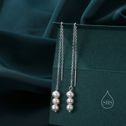 Natural Freshwater Pearl Trio Threader Earrings in Sterling Silver, 9cm Ear Threaders, Long Threaders, Pearl Ear Threaders