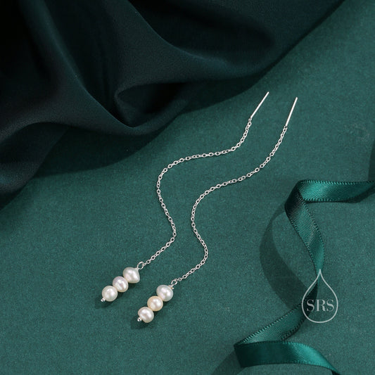 Natural Freshwater Pearl Trio Threader Earrings in Sterling Silver, 9cm Ear Threaders, Long Threaders, Pearl Ear Threaders