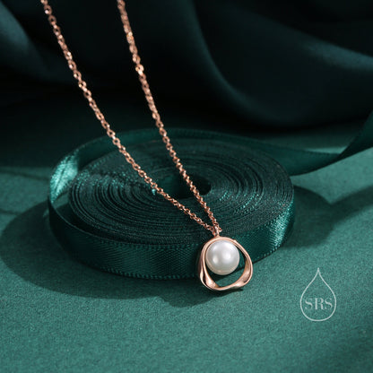 Genuine Freshwater Pearl and Mobius Circle Pendant Necklace in Sterling Silver, Silver or Gold or Rose Gold,  Delicate Keshi Pearl Halo