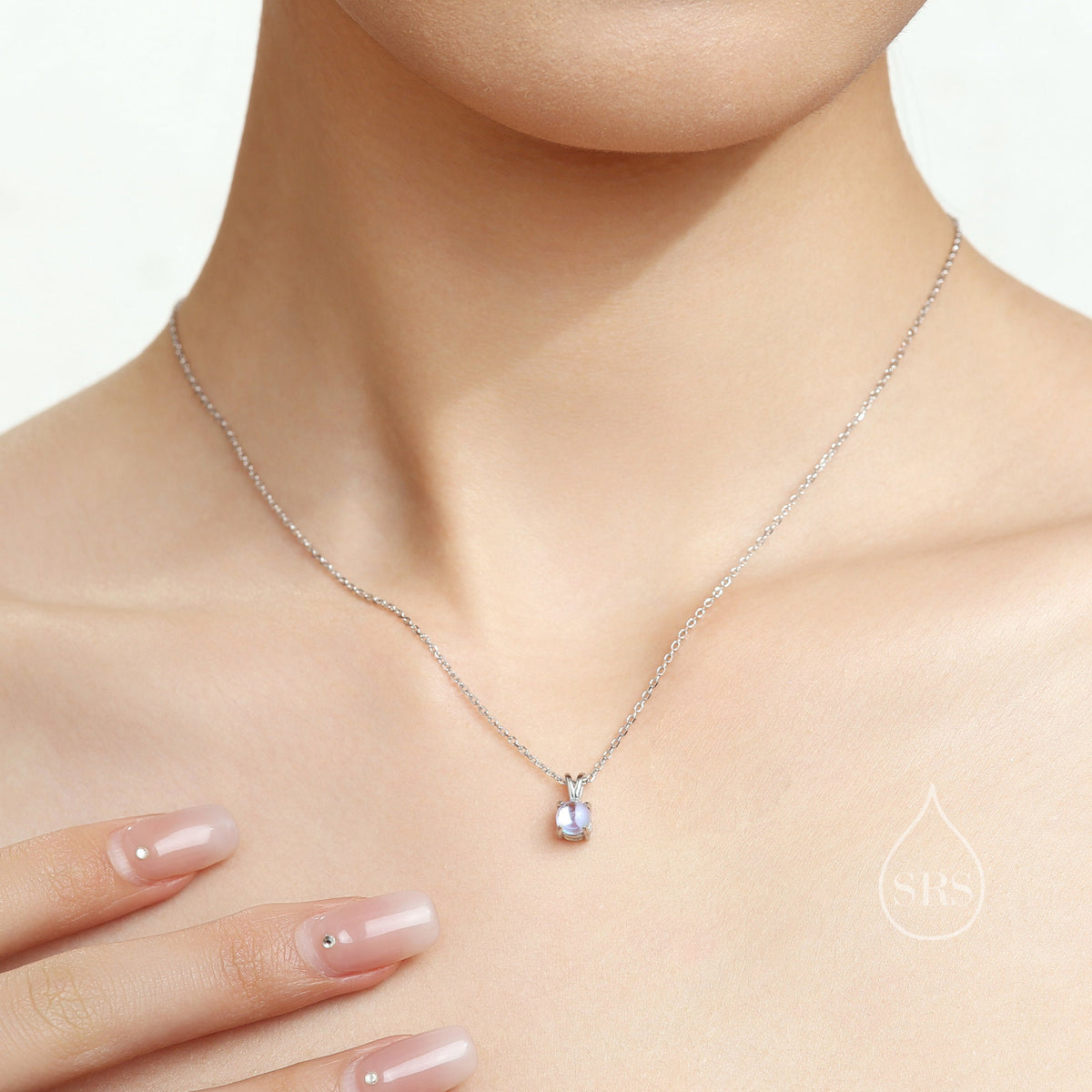 Tiny Moonstone Pendant Necklace in Sterling Silver, 5mm Aurora Glass Necklace, Dainty Moonstone Necklace