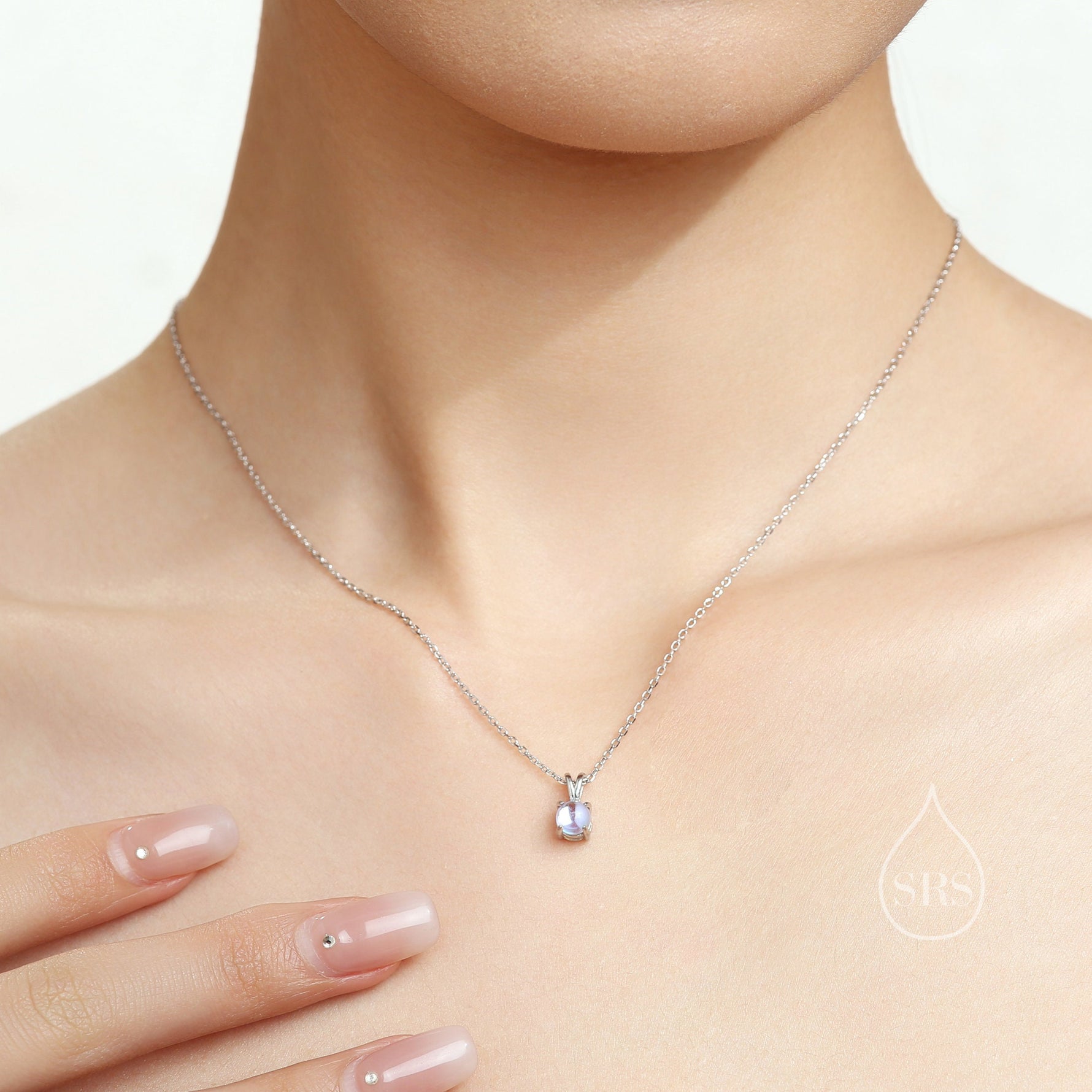 Tiny Moonstone Pendant Necklace in Sterling Silver, 5mm Aurora Glass Necklace, Dainty Moonstone Necklace