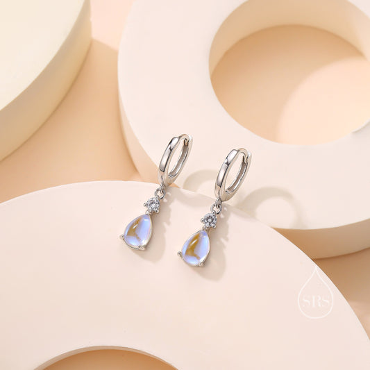 Moonstone Droplet and CZ Huggie Hoop Earrings in Sterling Silver,  Simulated Moonstone Hoops, Silver or Gold