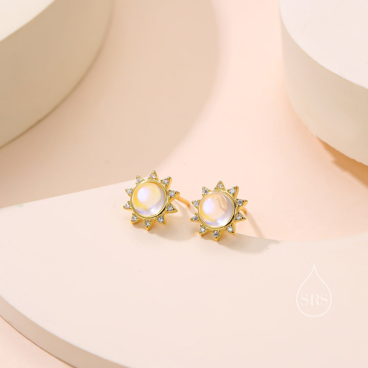 Moonstone and CZ Sun Stud Earrings in Sterling Silver, Silver or Gold, Delicate Sun Earrings, Moonstone Earrings, Celestial Earrings