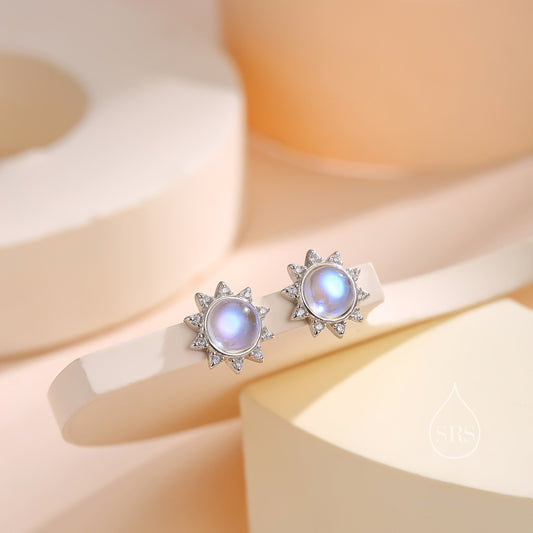 Moonstone and CZ Sun Stud Earrings in Sterling Silver, Silver or Gold, Delicate Sun Earrings, Moonstone Earrings, Celestial Earrings