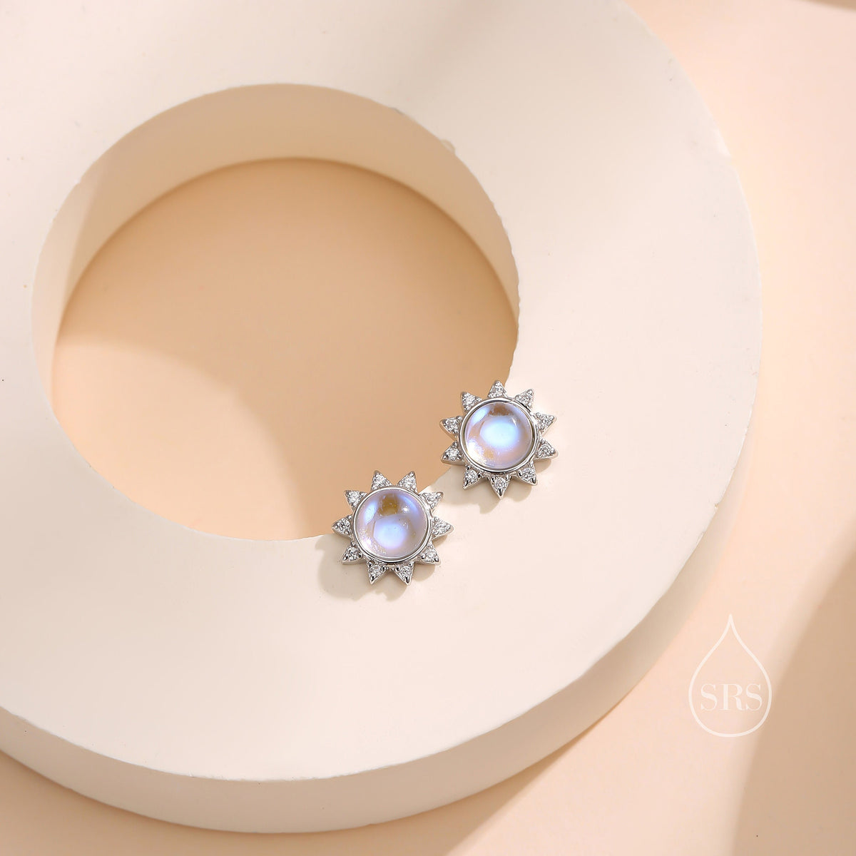 Moonstone and CZ Sun Stud Earrings in Sterling Silver, Silver or Gold, Delicate Sun Earrings, Moonstone Earrings, Celestial Earrings
