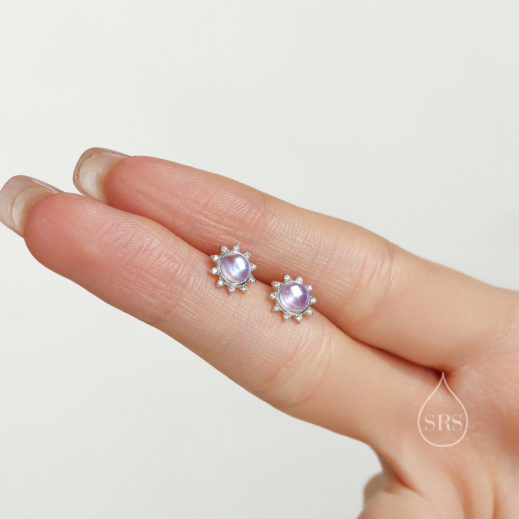 Moonstone and CZ Sun Stud Earrings in Sterling Silver, Silver or Gold, Delicate Sun Earrings, Moonstone Earrings, Celestial Earrings