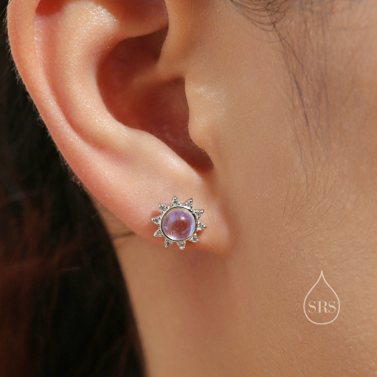 Moonstone and CZ Sun Stud Earrings in Sterling Silver, Silver or Gold, Delicate Sun Earrings, Moonstone Earrings, Celestial Earrings