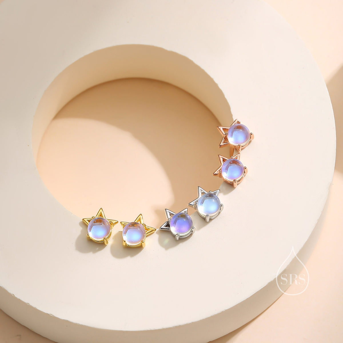 Moonstone Star Stud Earrings in Sterling Silver, Silver or Gold or Rose Gold, Delicate Star Earrings, Moonstone Earrings, Celestial Earrings