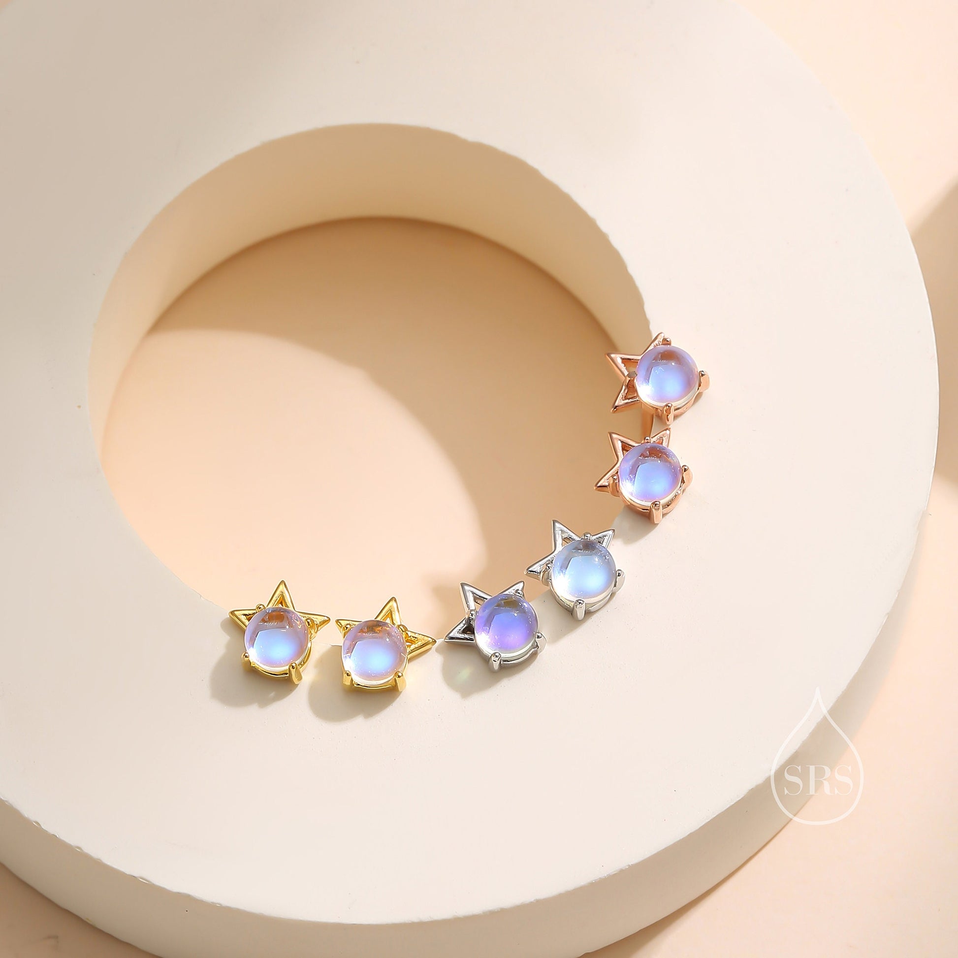 Moonstone Star Stud Earrings in Sterling Silver, Silver or Gold or Rose Gold, Delicate Star Earrings, Moonstone Earrings, Celestial Earrings