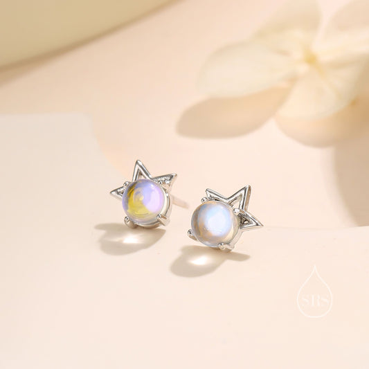 Moonstone Star Stud Earrings in Sterling Silver, Silver or Gold or Rose Gold, Delicate Star Earrings, Moonstone Earrings, Celestial Earrings