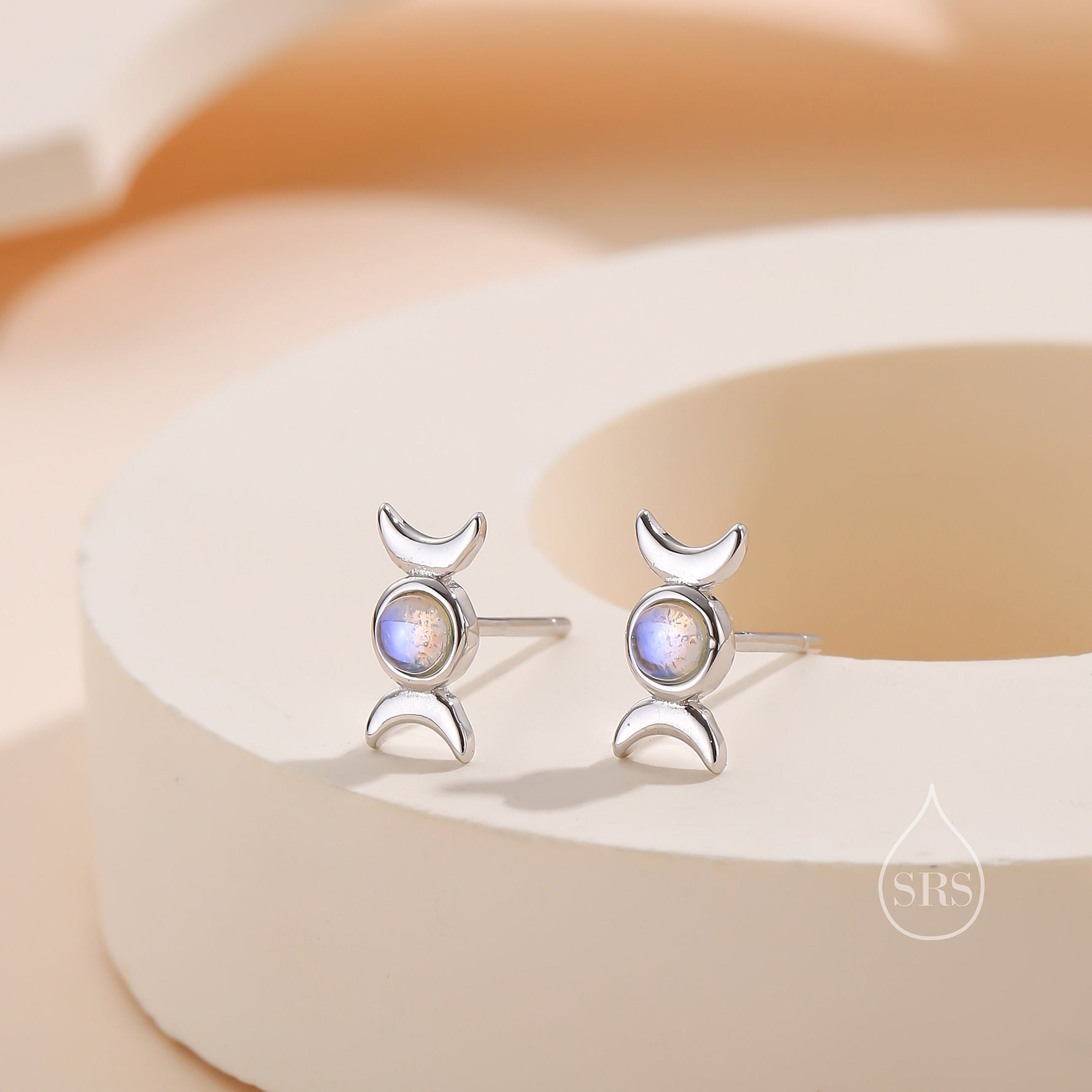 Moon Phase Moonstone Stud Earrings in Sterling Silver, Silver or Gold, Triple Moon Earrings, Moonstone Earrings, Triple Goddess Earrings