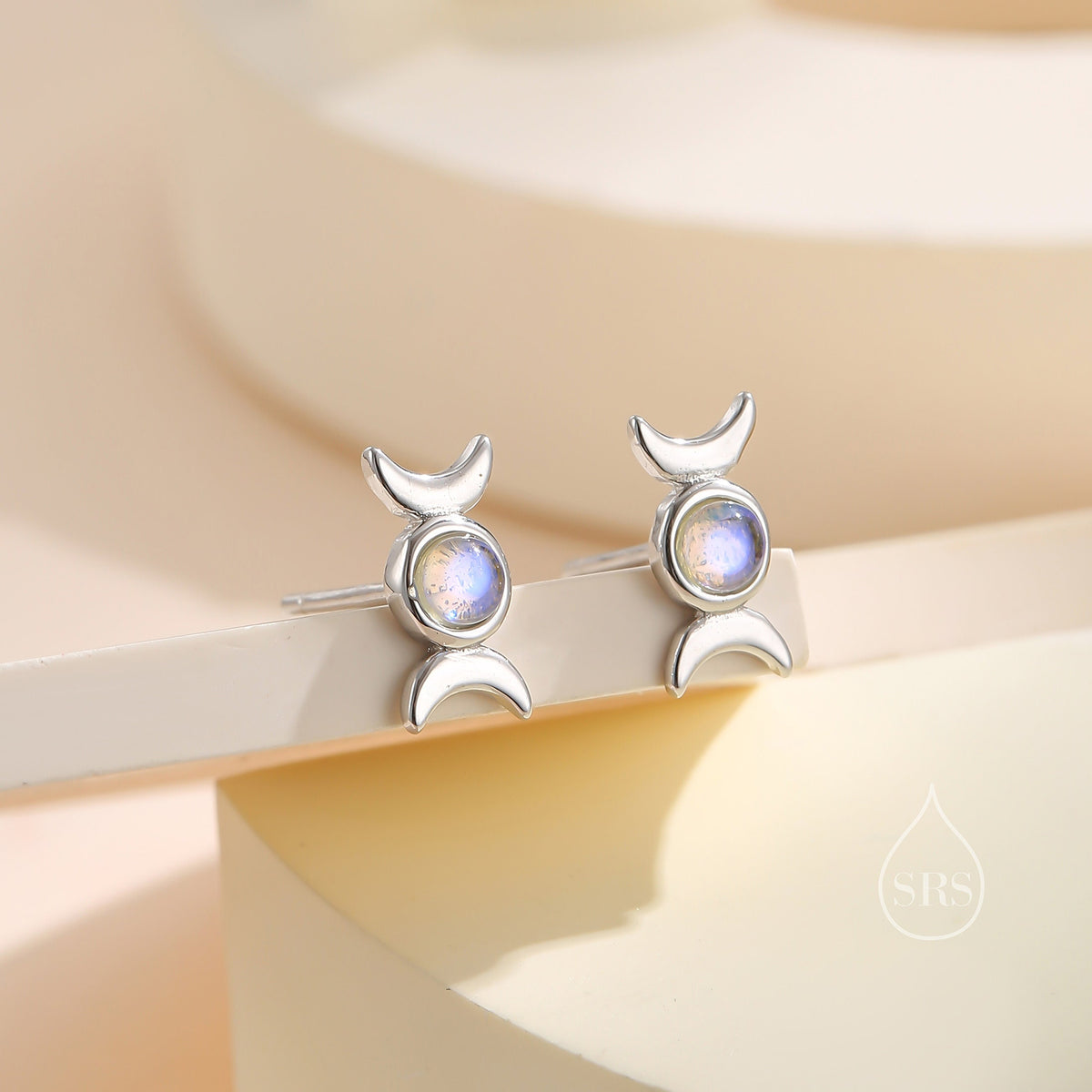 Moon Phase Moonstone Stud Earrings in Sterling Silver, Silver or Gold, Triple Moon Earrings, Moonstone Earrings, Triple Goddess Earrings