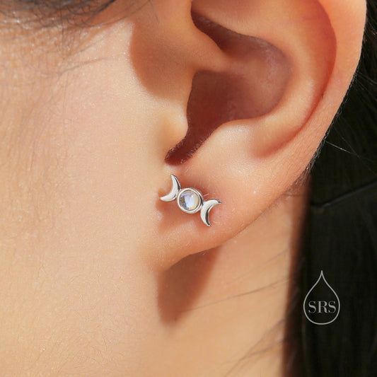Moon Phase Moonstone  Stud Earrings in Sterling Silver, Silver or Gold, Delicate Moon Earrings, Moonstone Earrings, Celestial Earrings