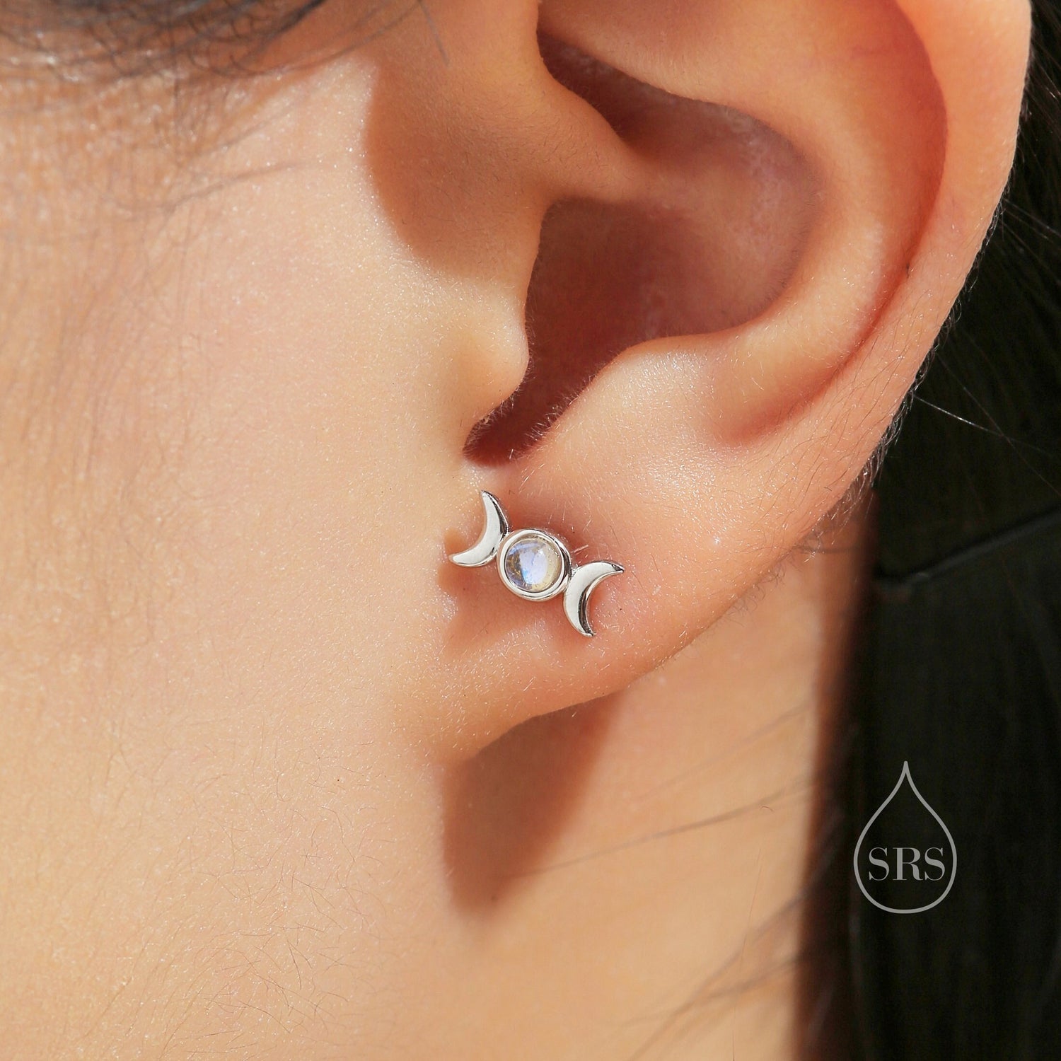 Moon Phase Moonstone Stud Earrings in Sterling Silver, Silver or Gold, Triple Moon Earrings, Moonstone Earrings, Triple Goddess Earrings