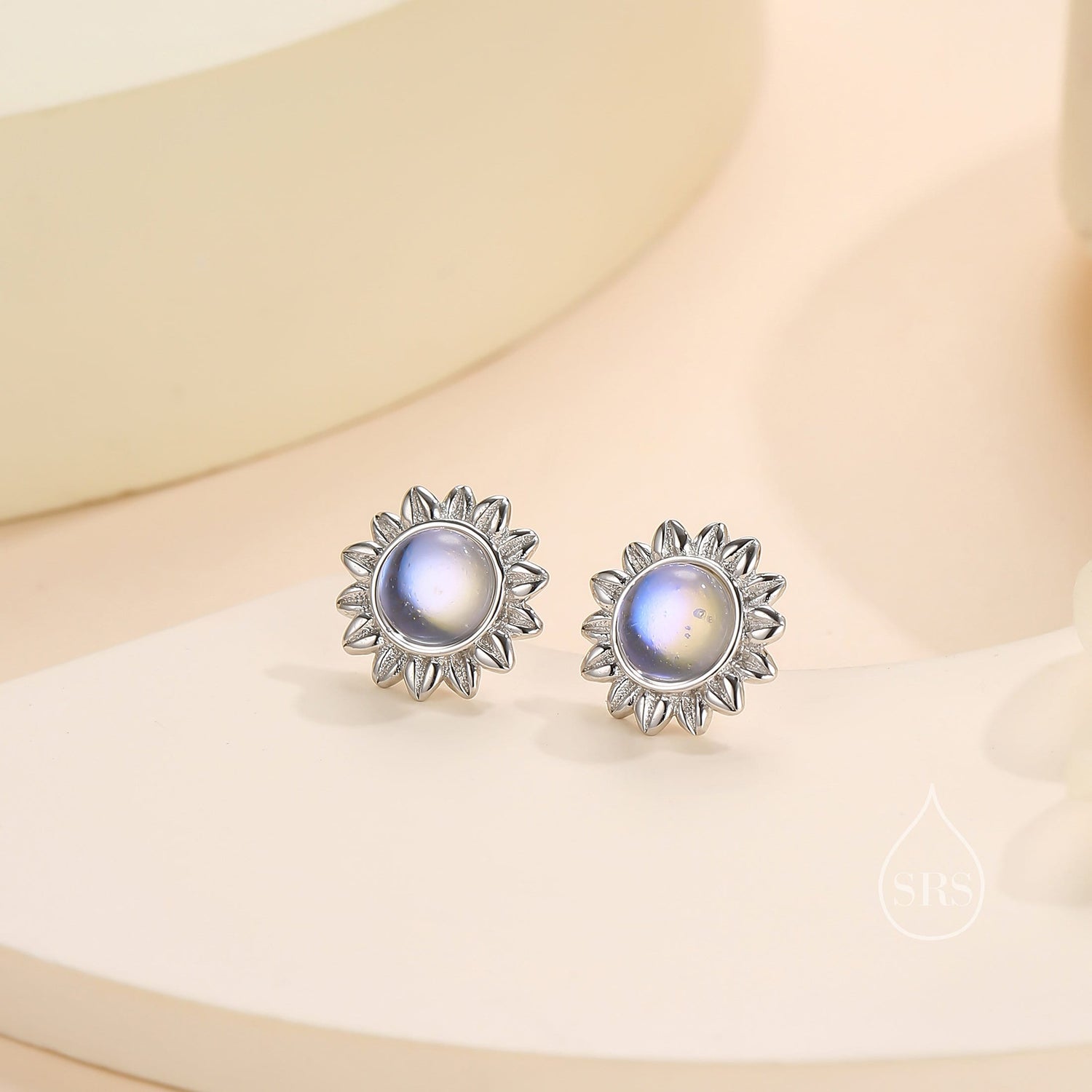 Sunflower Moonstone Stud Earrings in Sterling Silver, Silver or Gold, Delicate Sunflower Earrings, Moonstone Earrings
