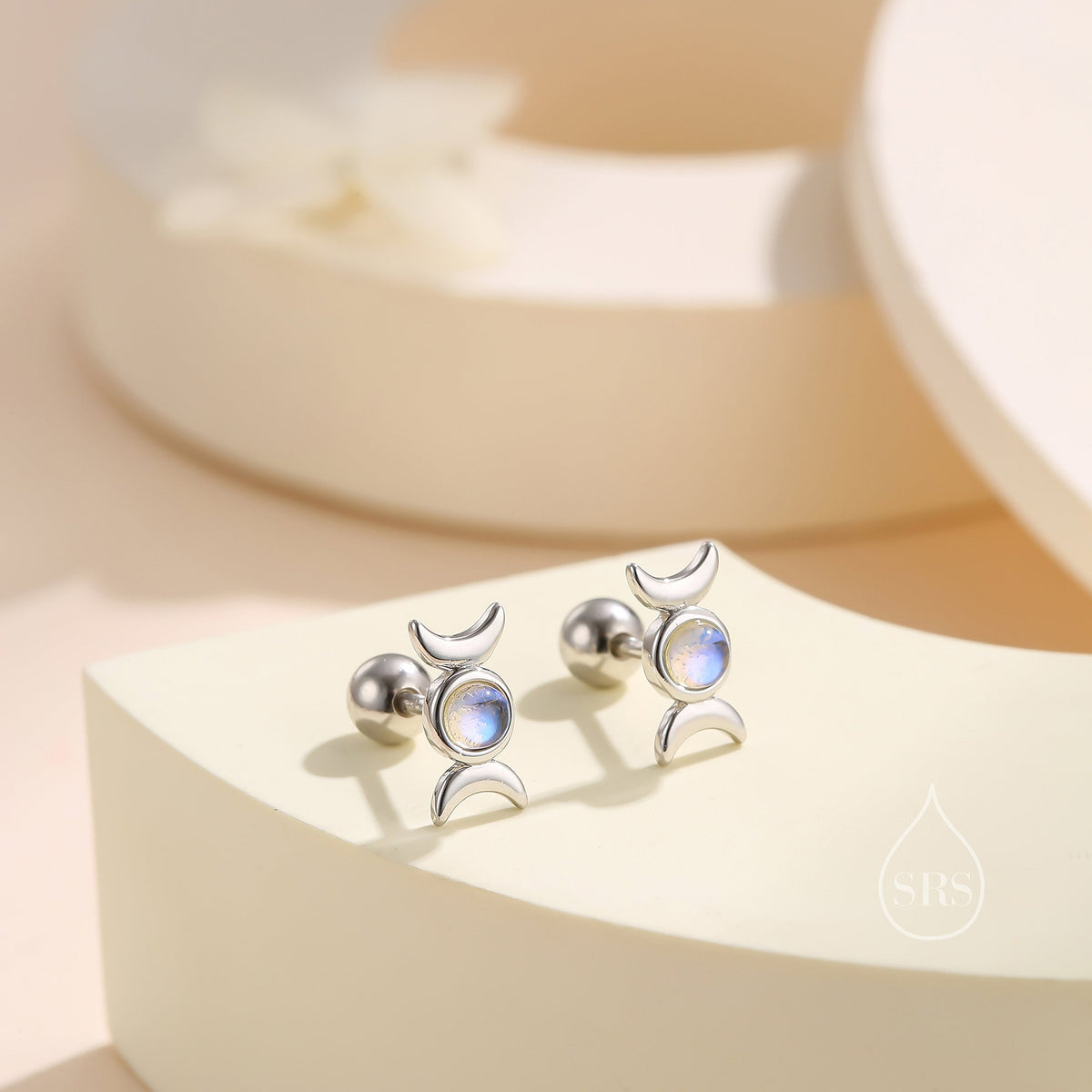 Moon Phase Moonstone Screw Back Earrings in Sterling Silver, Silver or Gold, Delicate Moon Earrings, Moonstone Earrings, Celestial Earrings