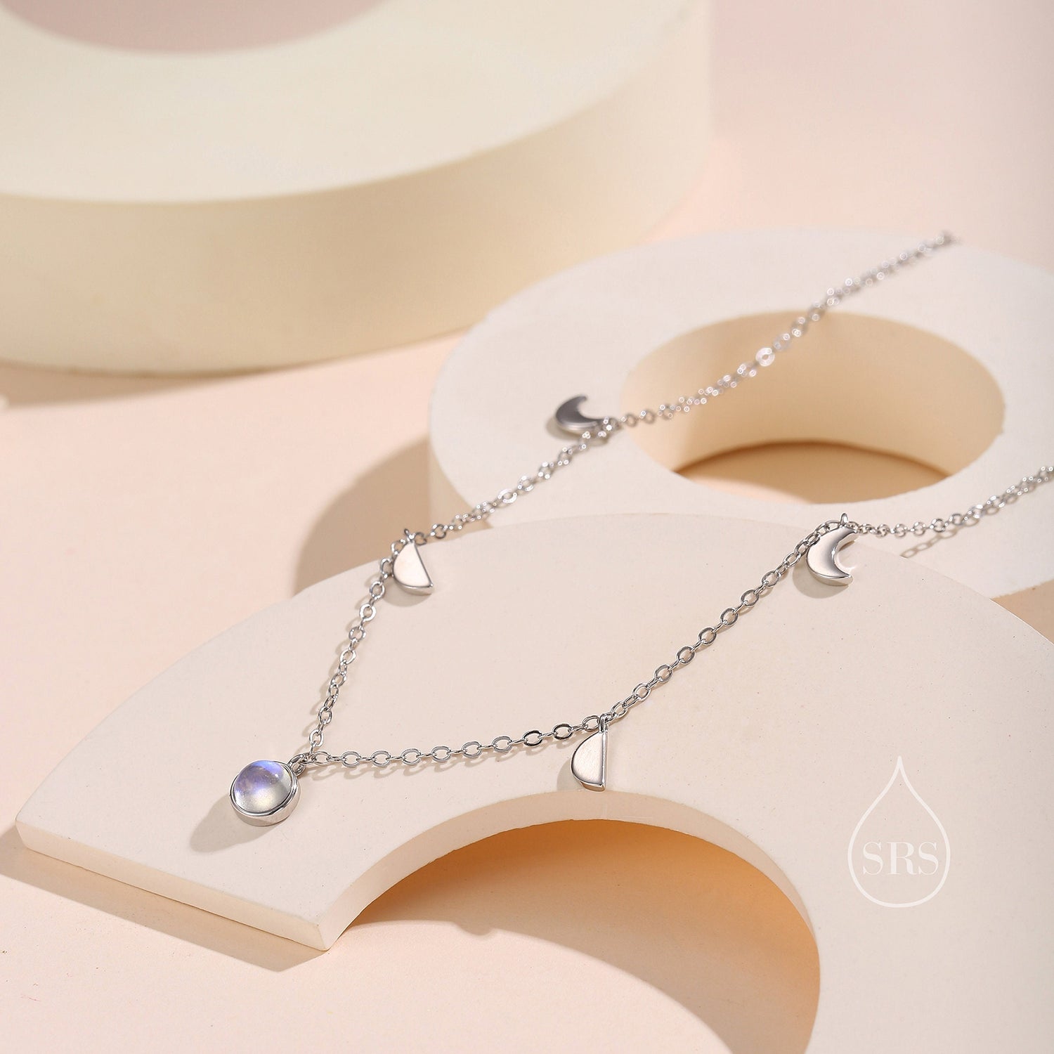 Moon Phase Charm Necklace in Sterling Silver with Moonstone, Crescent Moon Necklace, Moon Pendant, New Moon Necklace