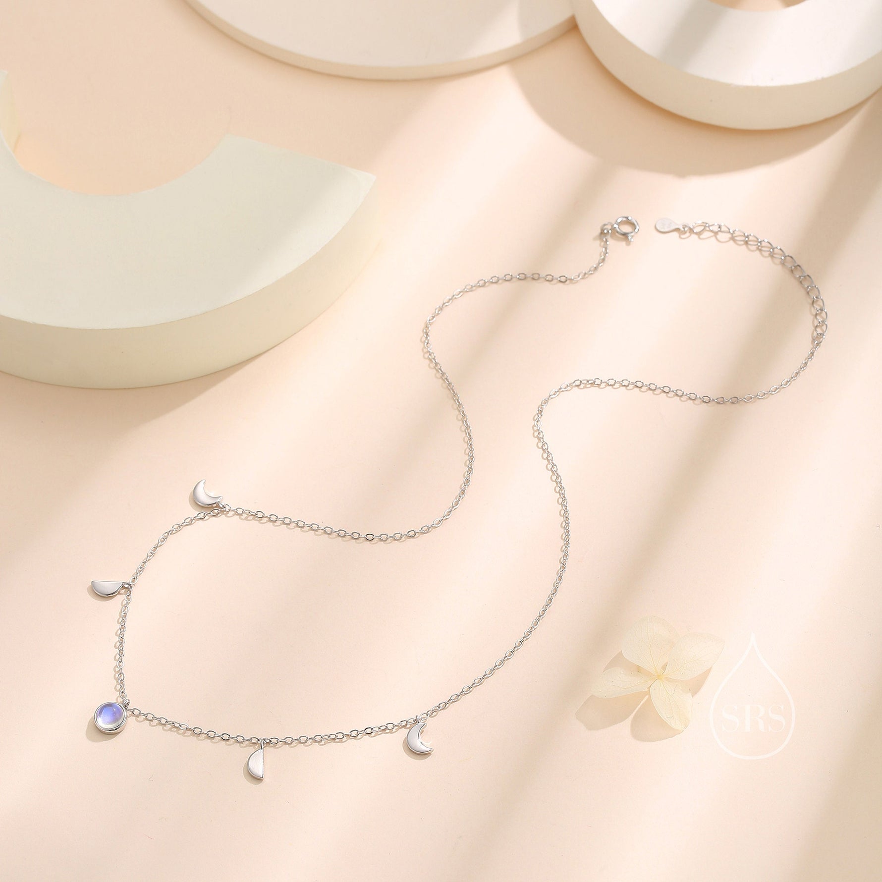 Moon Phase Charm Necklace in Sterling Silver with Moonstone, Crescent Moon Necklace, Moon Pendant, New Moon Necklace