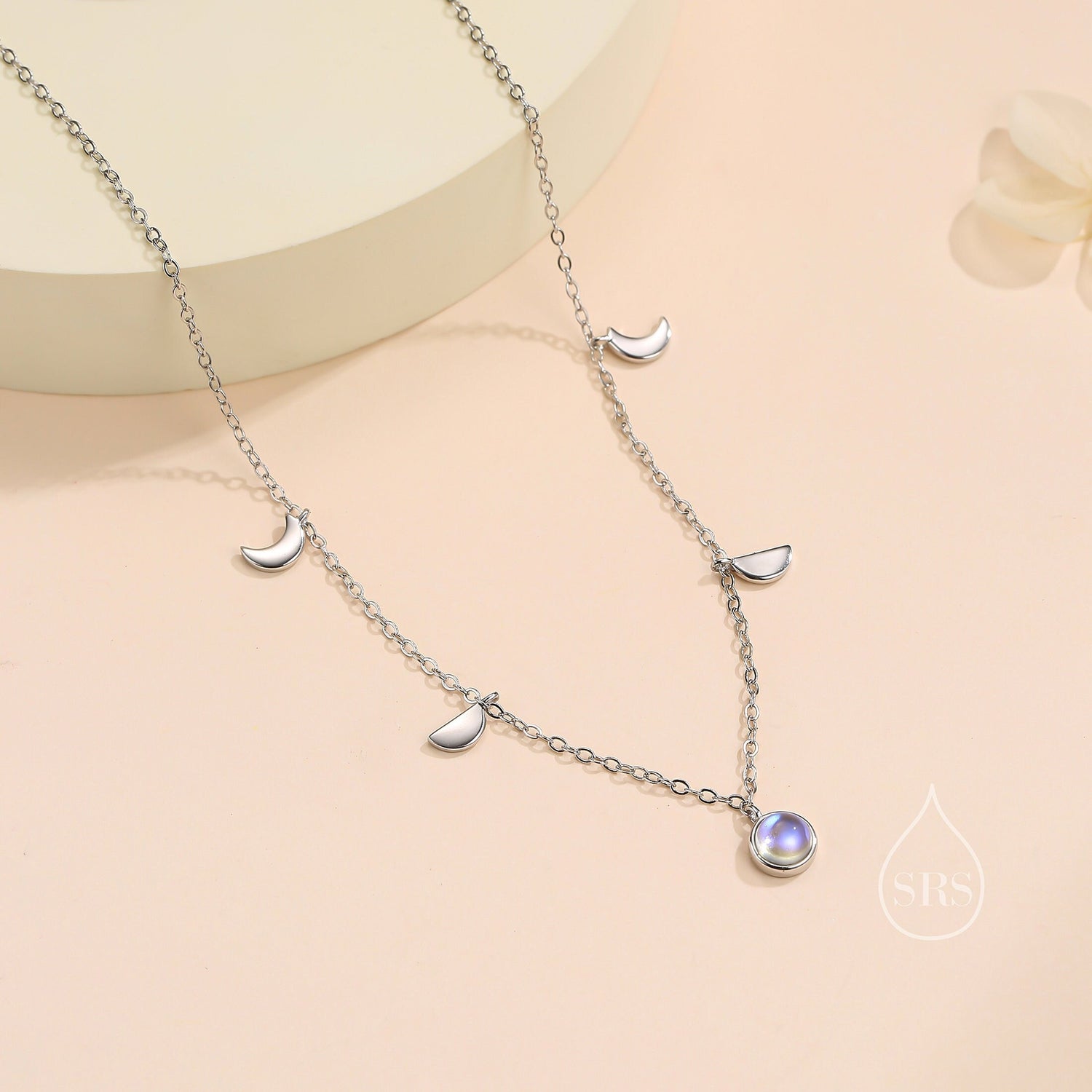 Moon Phase Charm Necklace in Sterling Silver with Moonstone, Crescent Moon Necklace, Moon Pendant, New Moon Necklace