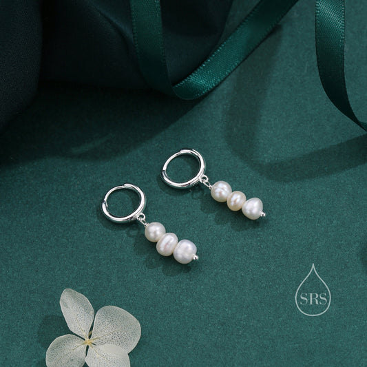 Genuine Freshwater Pearl Trio Huggie Hoop Earrings in Sterling Silver, Silver or Gold, Pearl Cluster Dangle Earrings, Three Pearl Hoops