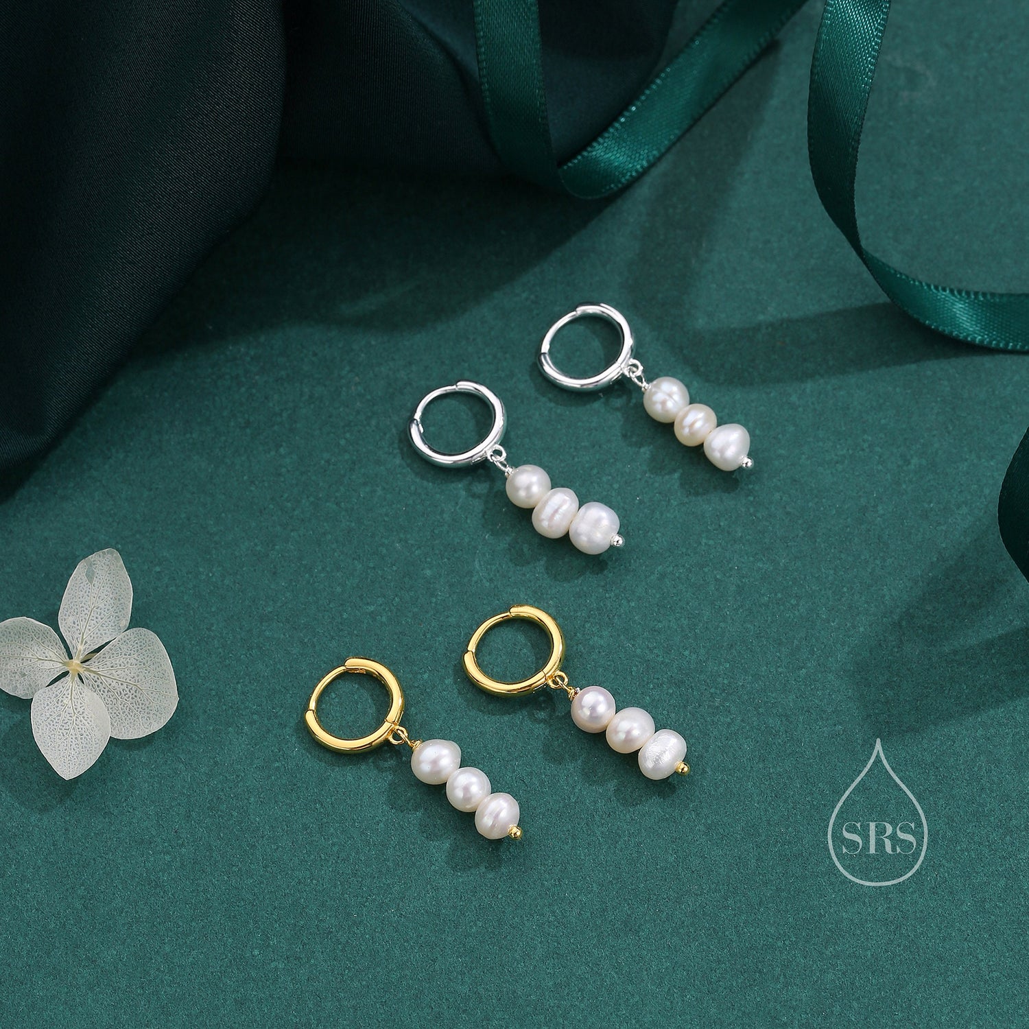 Genuine Freshwater Pearl Trio Huggie Hoop Earrings in Sterling Silver, Silver or Gold, Pearl Cluster Dangle Earrings, Three Pearl Hoops