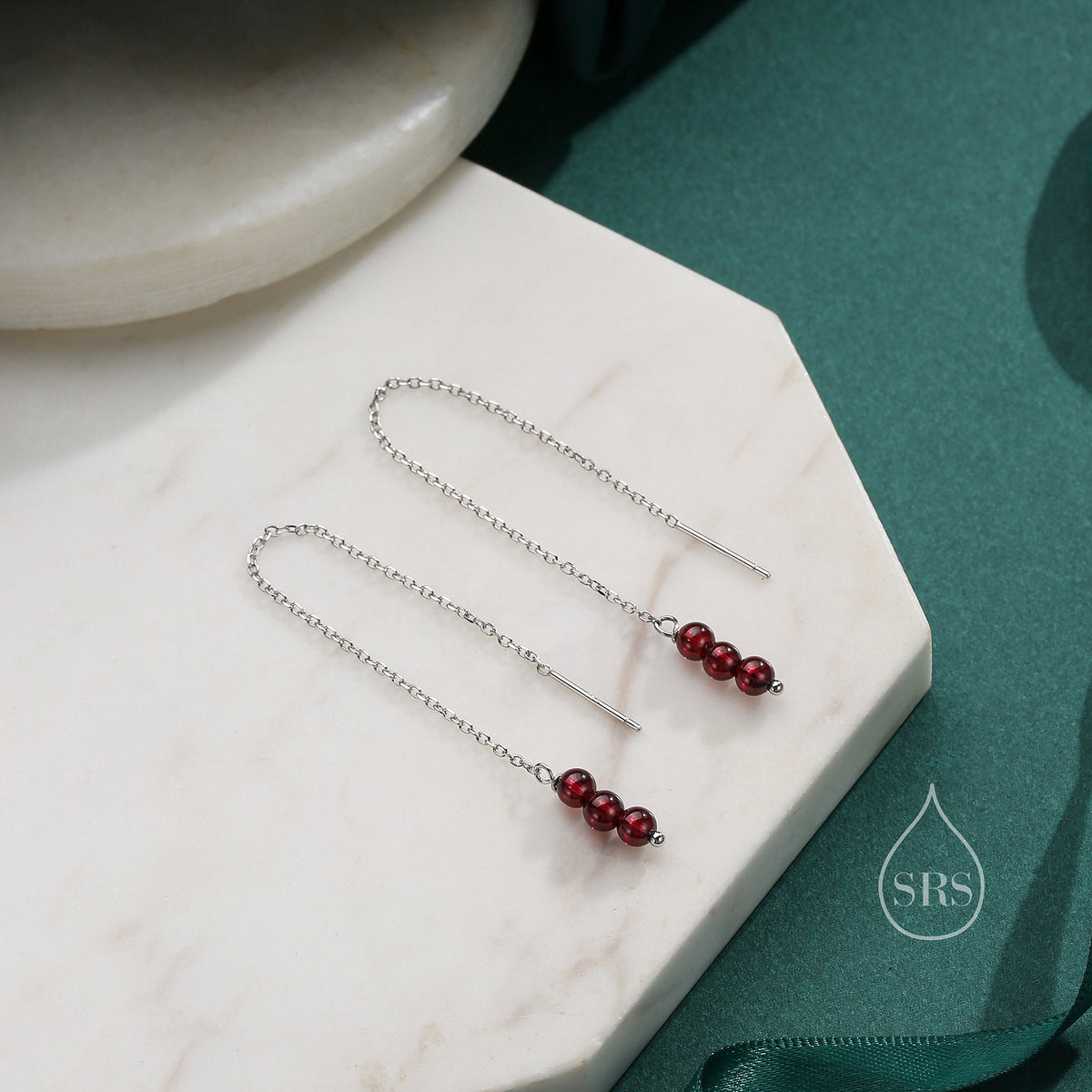 Genuine Garnet Gemstone Ear Threaders in Sterling Silver, Three Beads Threader Earrings, Ear Jacket, Red Garnet Crystal Earrings