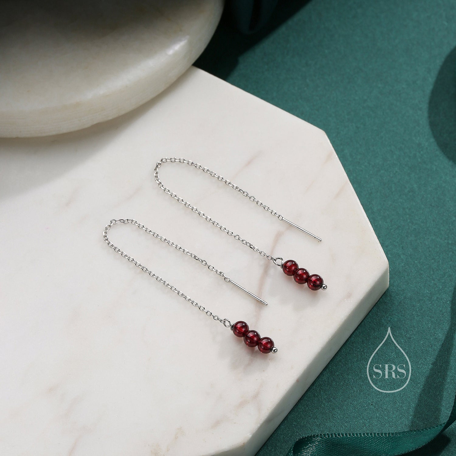 Genuine Garnet Gemstone Ear Threaders in Sterling Silver, Three Beads Threader Earrings, Ear Jacket, Red Garnet Crystal Earrings