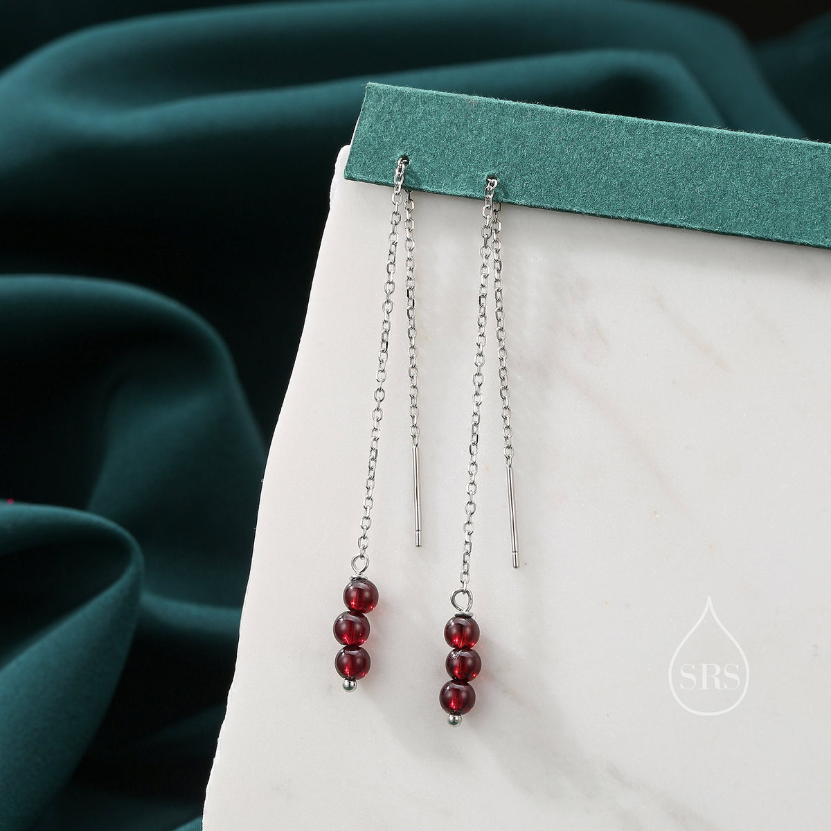 Genuine Garnet Gemstone Ear Threaders in Sterling Silver, Three Beads Threader Earrings, Ear Jacket, Red Garnet Crystal Earrings