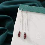 Genuine Garnet Gemstone Ear Threaders in Sterling Silver, Three Beads Threader Earrings, Ear Jacket, Red Garnet Crystal Earrings