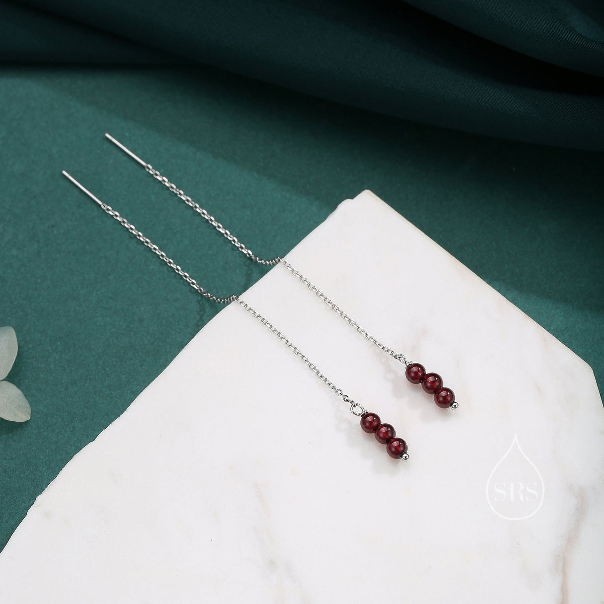Genuine Garnet Gemstone Ear Threaders in Sterling Silver, Three Beads Threader Earrings, Ear Jacket, Red Garnet Crystal Earrings