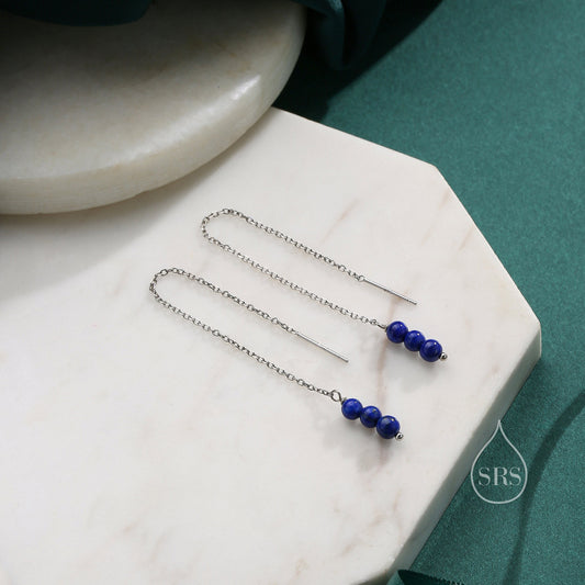 Genuine Lapis Lazuli Gemstone Ear Threaders in Sterling Silver, Three Beads Threader Earrings, Ear Jacket, Blue Lapis Earrings