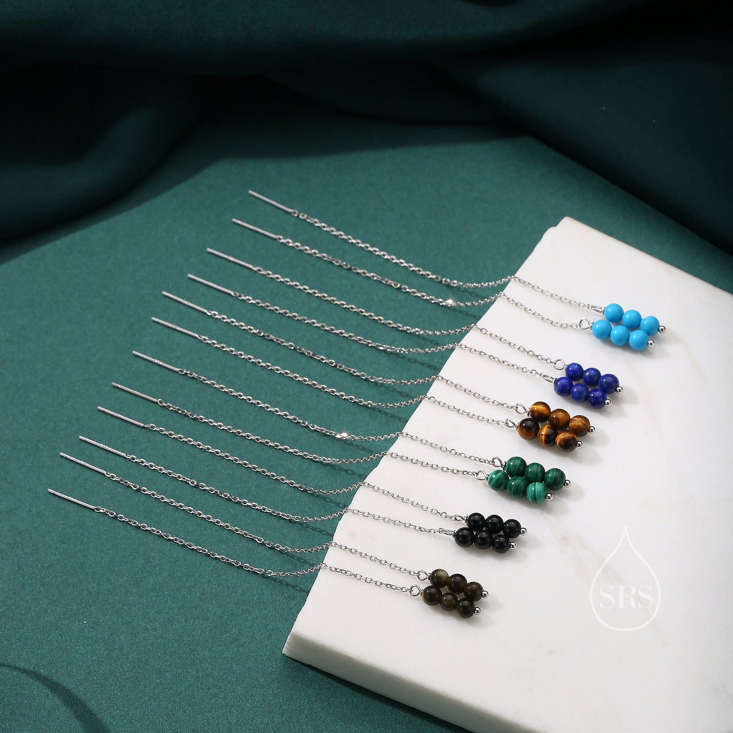 Genuine Black Onyx Threaders in Sterling Silver, Three Beads Threader Earrings, Ear Jacket, Black Onyx Earrings